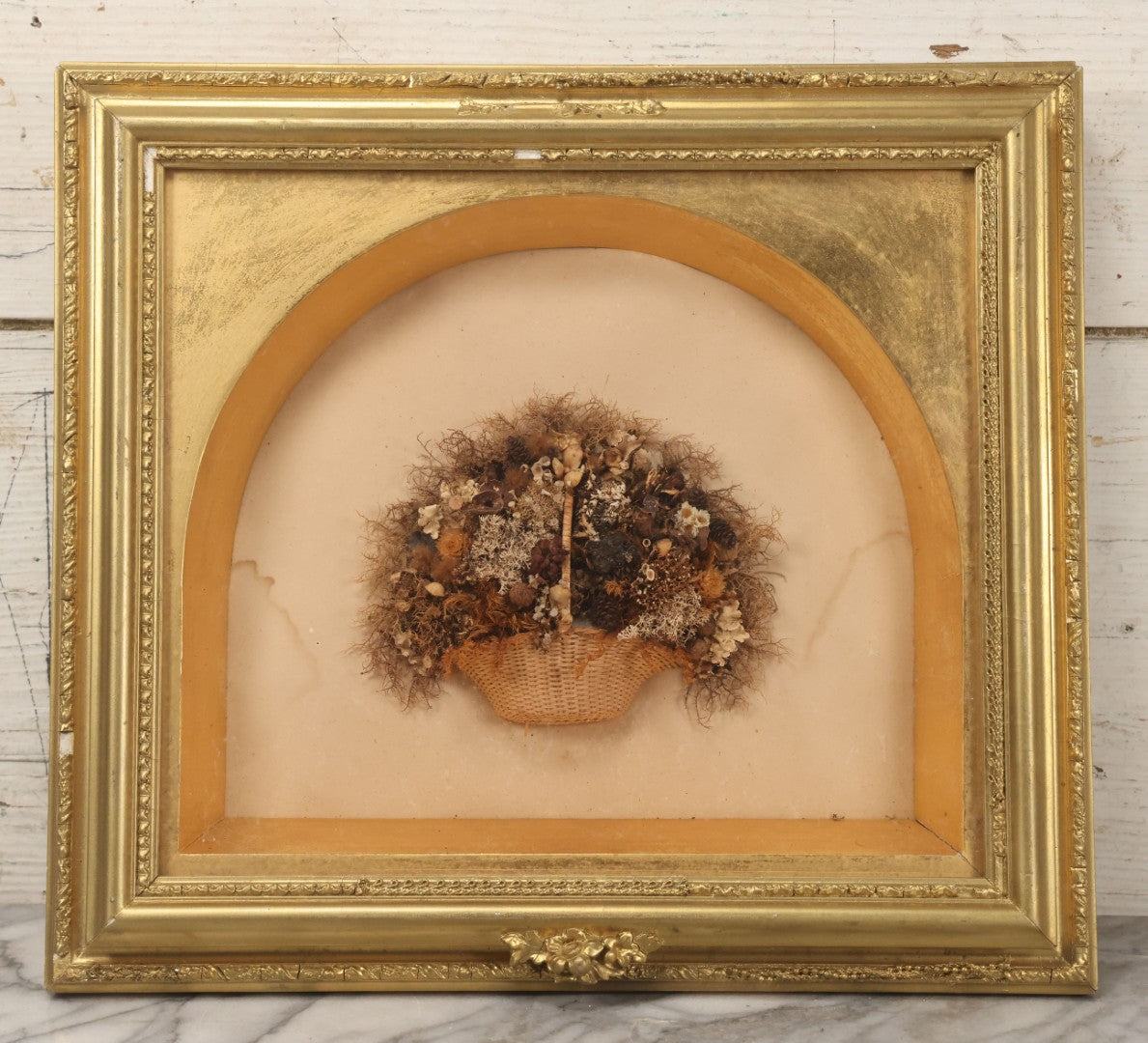 Lot 002 - Antique Seawood Flower Shadow Box With Seaweed Fashioned Into Flower Basket, In Gilded Frame, Circa 1900, 14-1/8" x 12-3/4"