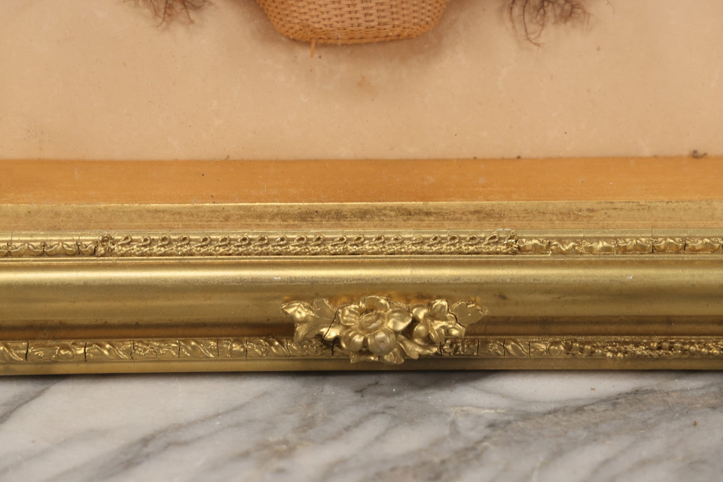 Lot 002 - Antique Seawood Flower Shadow Box With Seaweed Fashioned Into Flower Basket, In Gilded Frame, Circa 1900, 14-1/8" x 12-3/4"