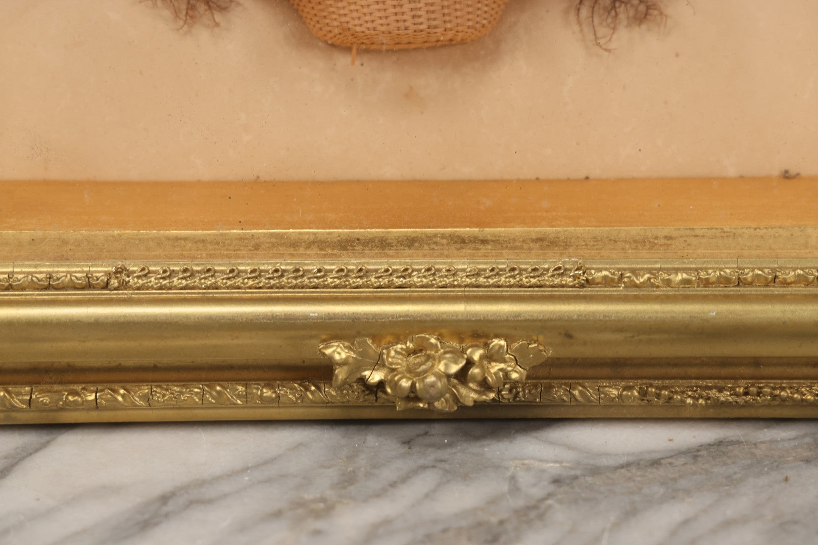 Lot 002 - Antique Seawood Flower Shadow Box With Seaweed Fashioned Into Flower Basket, In Gilded Frame, Circa 1900, 14-1/8" x 12-3/4"