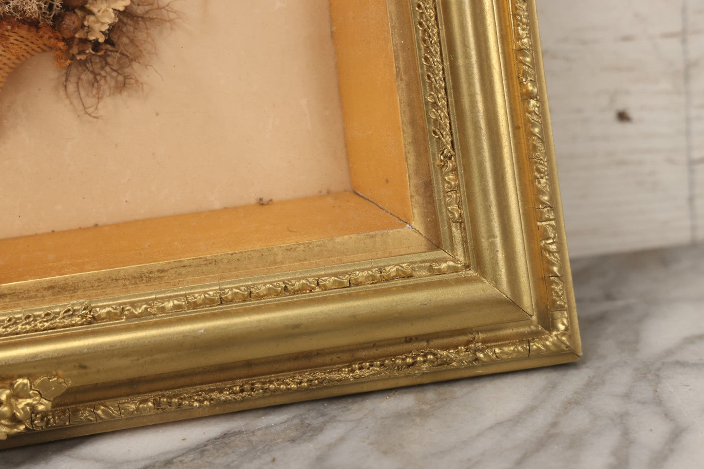 Lot 002 - Antique Seawood Flower Shadow Box With Seaweed Fashioned Into Flower Basket, In Gilded Frame, Circa 1900, 14-1/8" x 12-3/4"