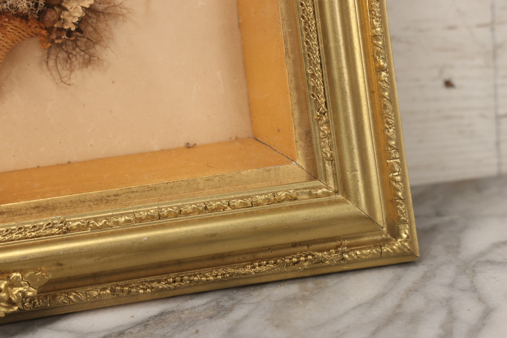 Lot 002 - Antique Seawood Flower Shadow Box With Seaweed Fashioned Into Flower Basket, In Gilded Frame, Circa 1900, 14-1/8" x 12-3/4"