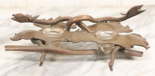 Lot 003 - Vintage Cast Bronze Inkwell And Desk Stand With Serpent And Leaf Motif, Marked P.G.Y. Dated 1927, Includes Glass Ink Cups, Original Patina