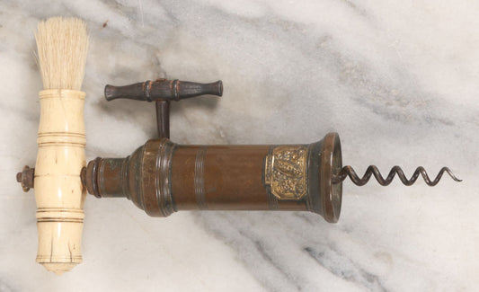 Lot 004 - Antique Side Crank Corkscrew Wine Bottle Opener With Bone Handle, Bottle Brush, And Side Lifter With Rack And Pinion, Brass Manufacturer Tag From Dowler, Circa Mid 19th Century