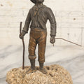 Lot 005 - Antique Bronze Figural Sculpture Of Young Fishing Boy With Walking Stick, Mounted On Natural Stone Base, Circa Late 19th Century, 8-1/2" H