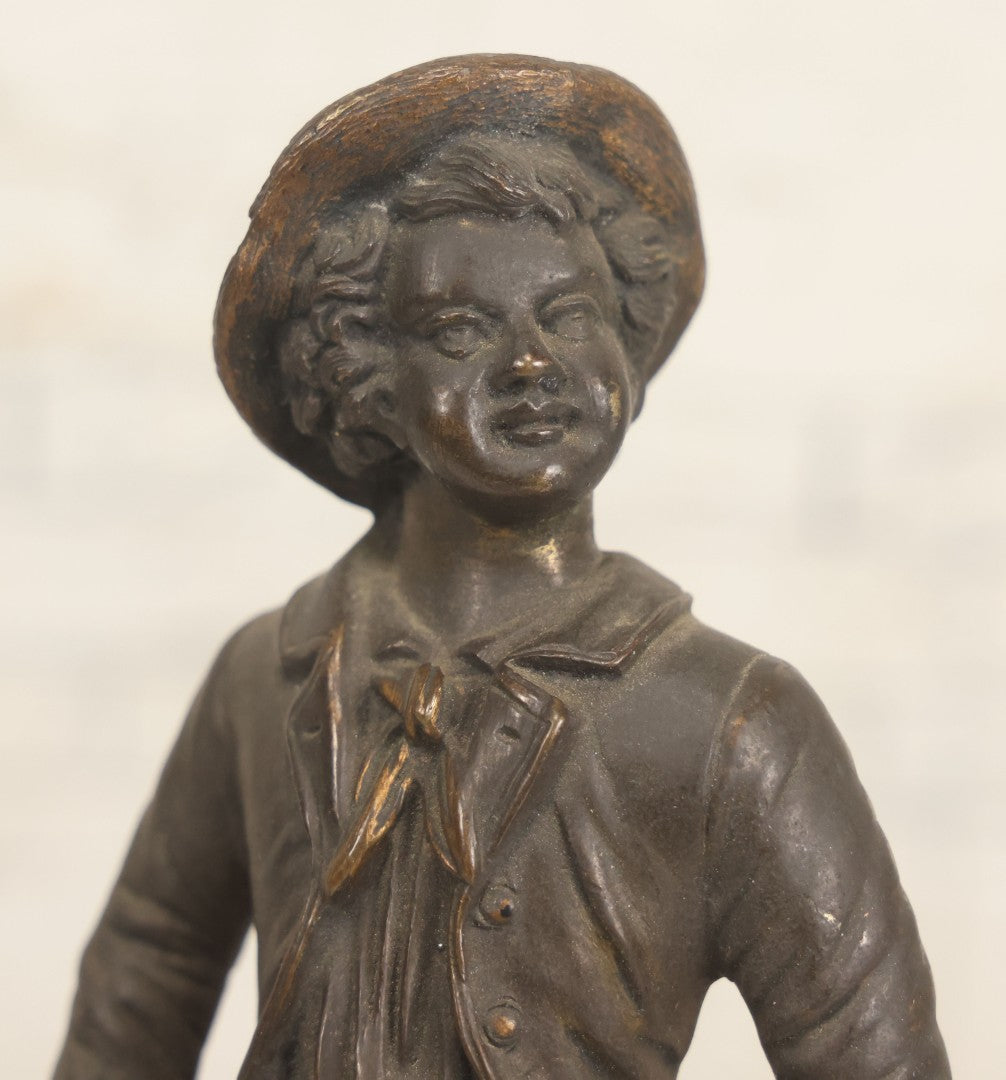 Lot 005 - Antique Bronze Figural Sculpture Of Young Fishing Boy With Walking Stick, Mounted On Natural Stone Base, Circa Late 19th Century, 8-1/2" H
