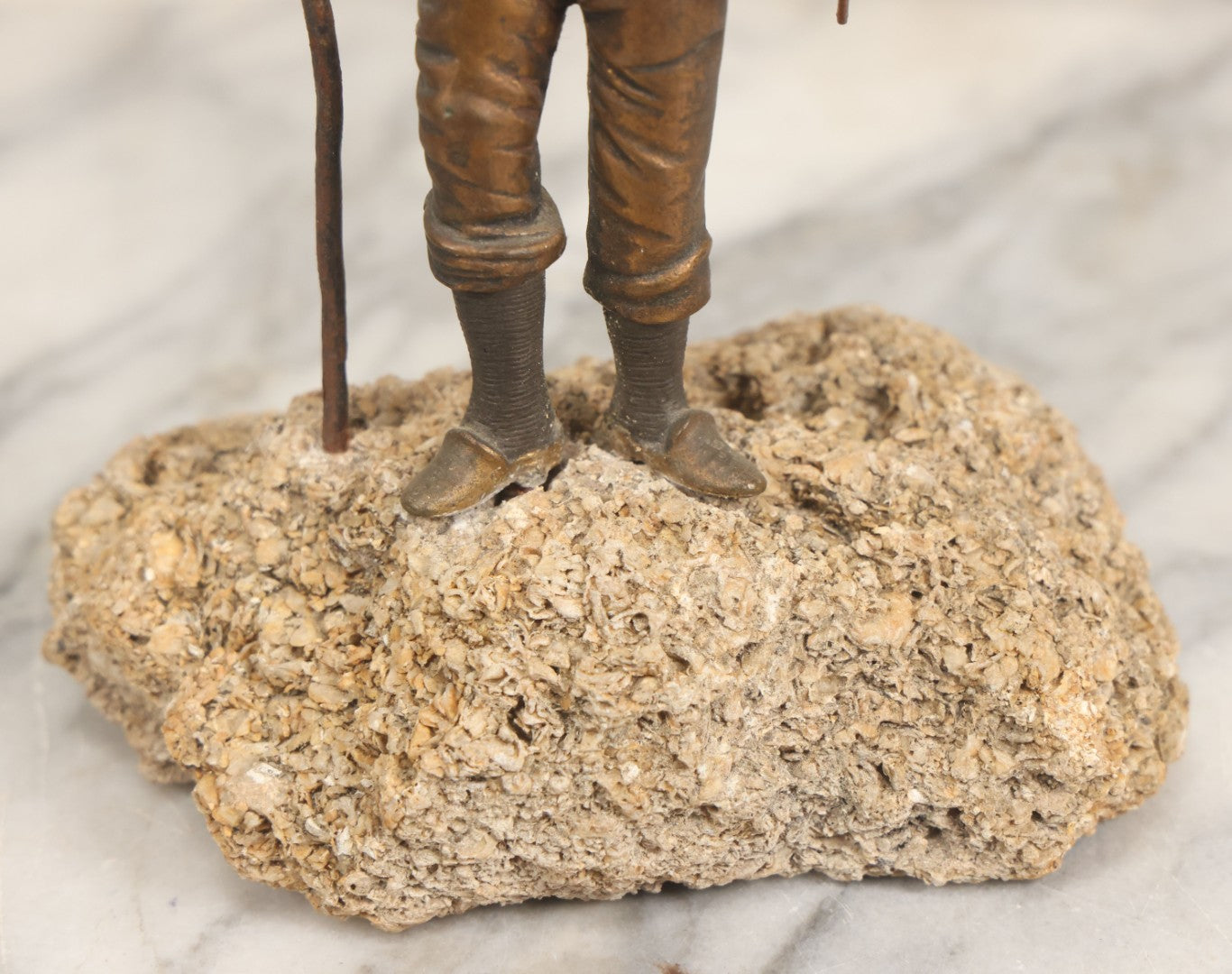 Lot 005 - Antique Bronze Figural Sculpture Of Young Fishing Boy With Walking Stick, Mounted On Natural Stone Base, Circa Late 19th Century, 8-1/2" H