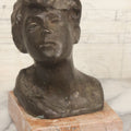 Lot 006 - Antique Spelter Bust Of Young Man With Tousled Hair, Cap, Smoking Cigarette Mounted On Marble Base, Hollow Form, Circa Early 20th Century, 7" H