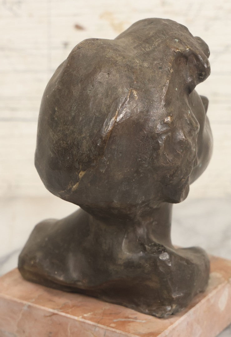 Lot 006 - Antique Spelter Bust Of Young Man With Tousled Hair, Cap, Smoking Cigarette Mounted On Marble Base, Hollow Form, Circa Early 20th Century, 7" H