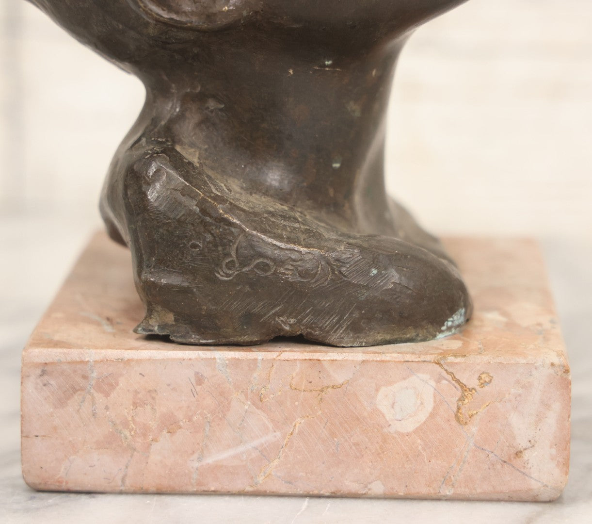 Lot 006 - Antique Spelter Bust Of Young Man With Tousled Hair, Cap, Smoking Cigarette Mounted On Marble Base, Hollow Form, Circa Early 20th Century, 7" H