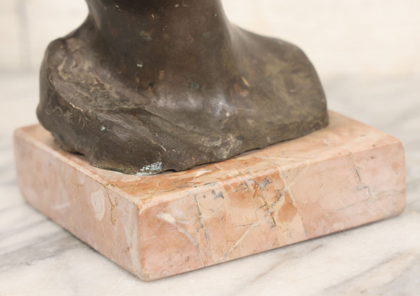 Lot 006 - Antique Spelter Bust Of Young Man With Tousled Hair, Cap, Smoking Cigarette Mounted On Marble Base, Hollow Form, Circa Early 20th Century, 7" H