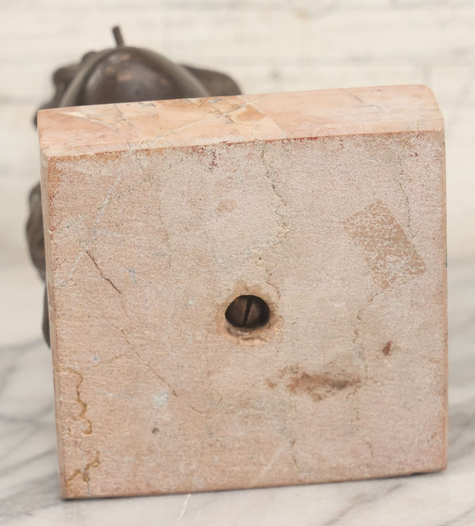 Lot 006 - Antique Spelter Bust Of Young Man With Tousled Hair, Cap, Smoking Cigarette Mounted On Marble Base, Hollow Form, Circa Early 20th Century, 7" H