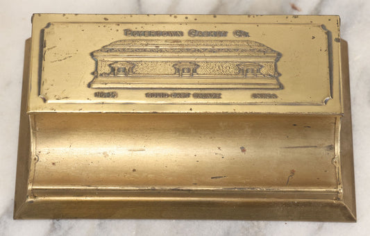 Lot 007 - Vintage Brass Advertising Desk Stamp Box And Pen Stand For Boyertown Casket Co., Promoting No. 35 Solid Cast Bronze Omega Casket Line, With Internal Paper Insert Advertisement