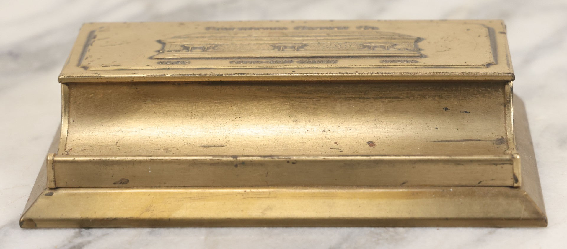 Lot 007 - Vintage Brass Advertising Desk Stamp Box And Pen Stand For Boyertown Casket Co., Promoting No. 35 Solid Cast Bronze Omega Casket Line, With Internal Paper Insert Advertisement