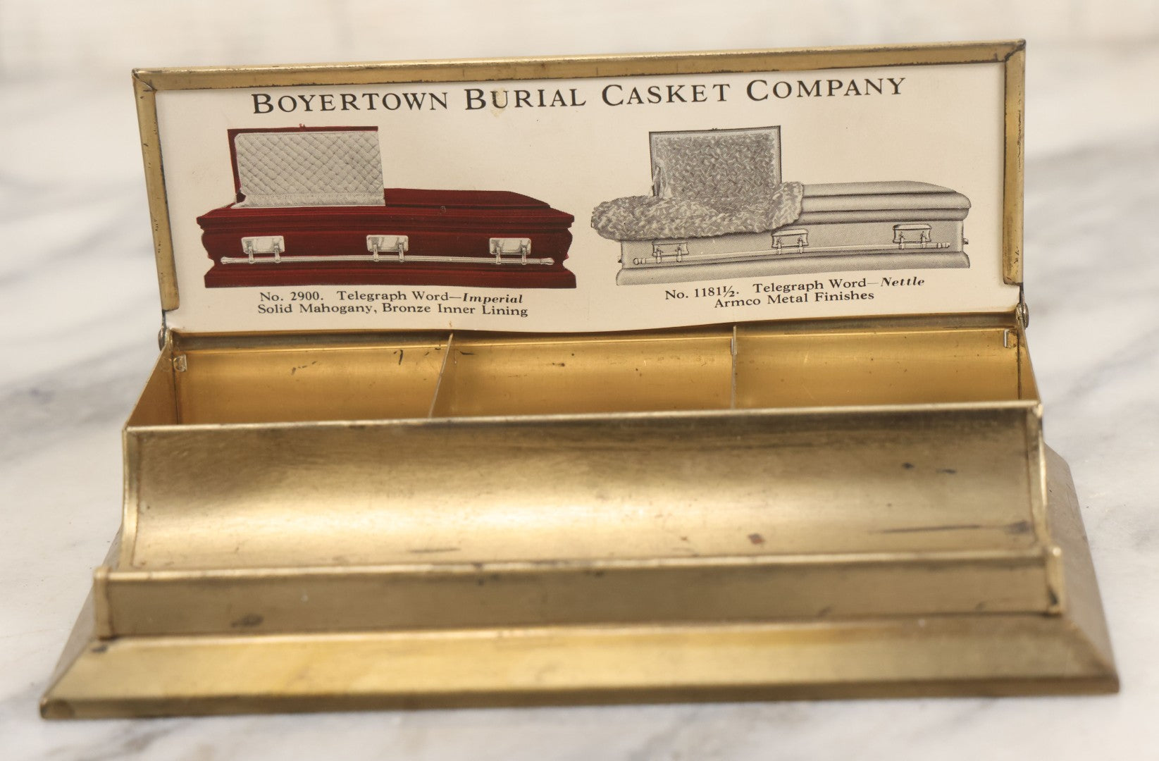 Lot 007 - Vintage Brass Advertising Desk Stamp Box And Pen Stand For Boyertown Casket Co., Promoting No. 35 Solid Cast Bronze Omega Casket Line, With Internal Paper Insert Advertisement
