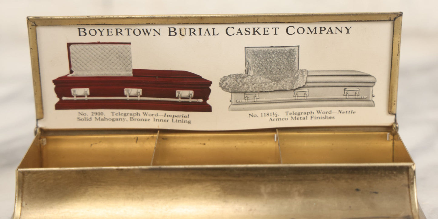 Lot 007 - Vintage Brass Advertising Desk Stamp Box And Pen Stand For Boyertown Casket Co., Promoting No. 35 Solid Cast Bronze Omega Casket Line, With Internal Paper Insert Advertisement