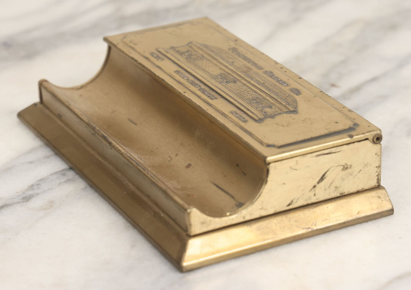 Lot 007 - Vintage Brass Advertising Desk Stamp Box And Pen Stand For Boyertown Casket Co., Promoting No. 35 Solid Cast Bronze Omega Casket Line, With Internal Paper Insert Advertisement