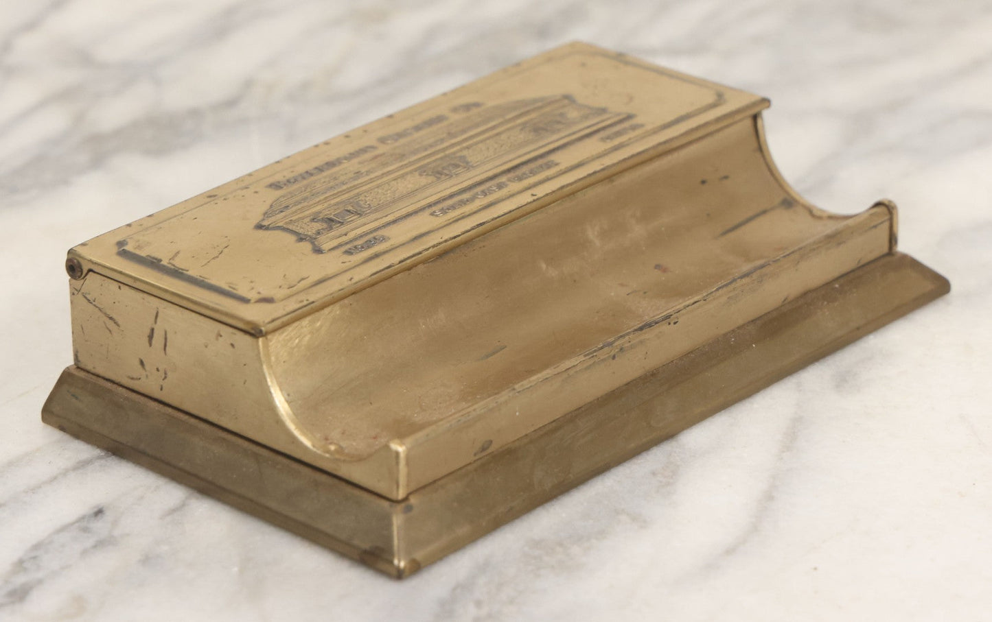 Lot 007 - Vintage Brass Advertising Desk Stamp Box And Pen Stand For Boyertown Casket Co., Promoting No. 35 Solid Cast Bronze Omega Casket Line, With Internal Paper Insert Advertisement
