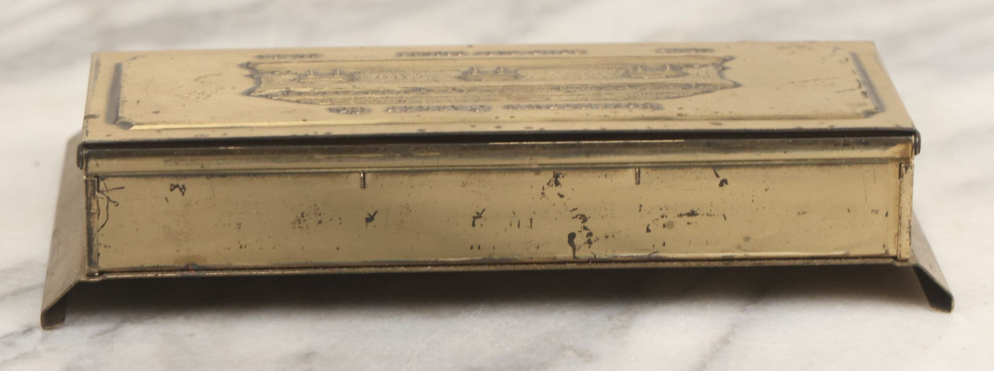 Lot 007 - Vintage Brass Advertising Desk Stamp Box And Pen Stand For Boyertown Casket Co., Promoting No. 35 Solid Cast Bronze Omega Casket Line, With Internal Paper Insert Advertisement