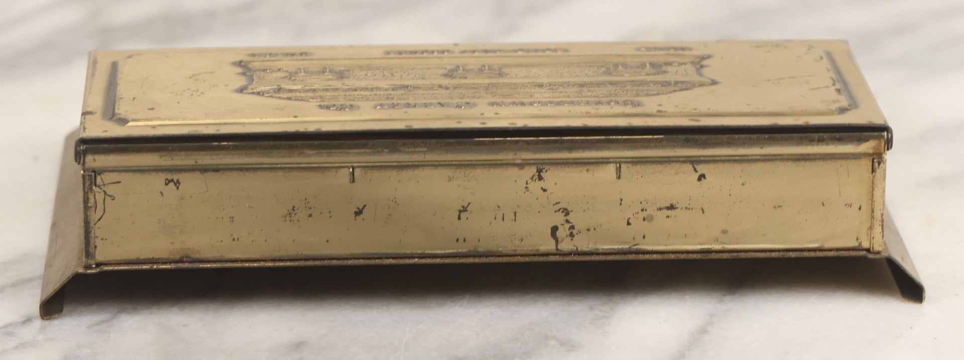 Lot 007 - Vintage Brass Advertising Desk Stamp Box And Pen Stand For Boyertown Casket Co., Promoting No. 35 Solid Cast Bronze Omega Casket Line, With Internal Paper Insert Advertisement