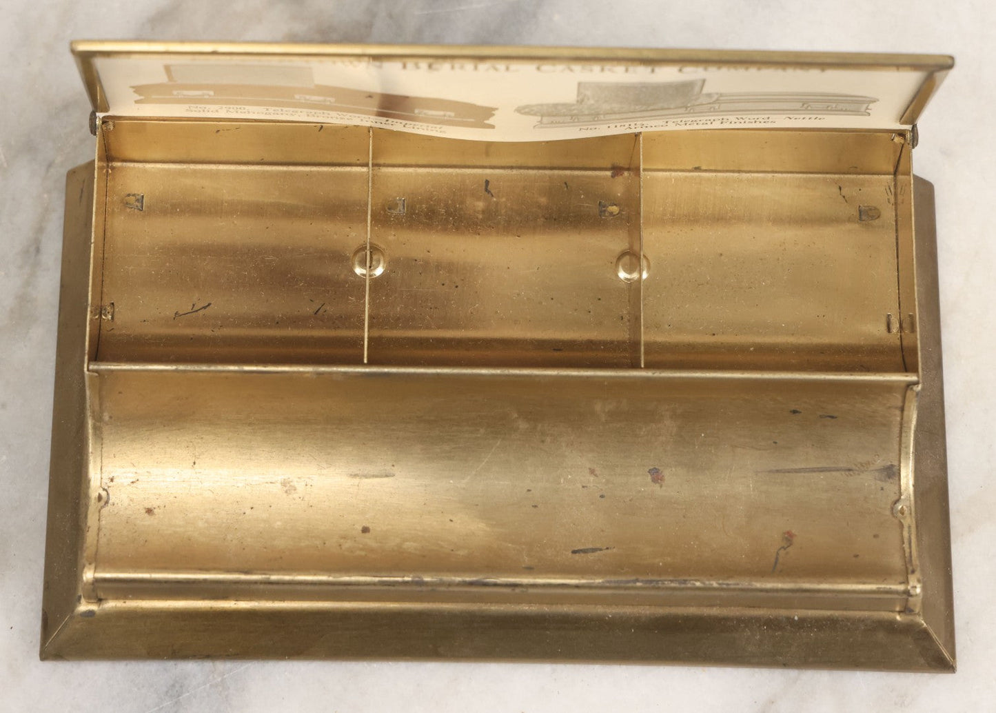 Lot 007 - Vintage Brass Advertising Desk Stamp Box And Pen Stand For Boyertown Casket Co., Promoting No. 35 Solid Cast Bronze Omega Casket Line, With Internal Paper Insert Advertisement