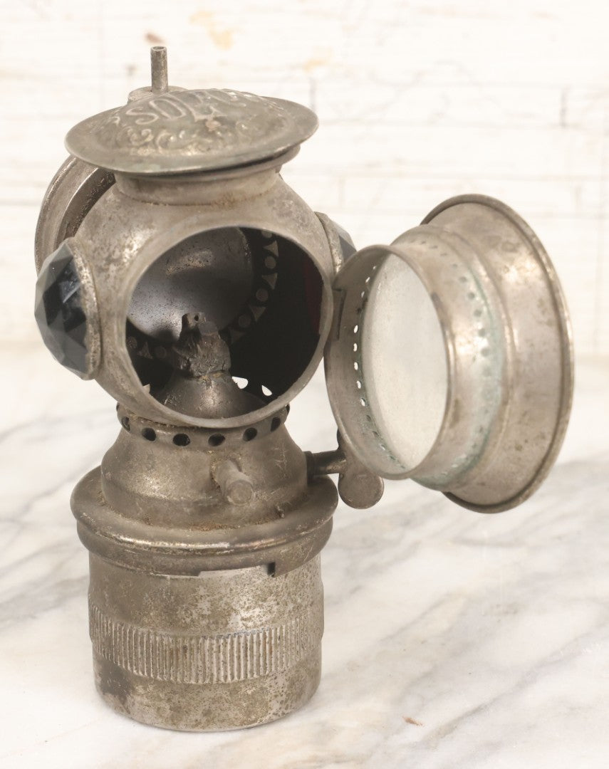 Lot 008 - Antique Solar Brand Bicycle Lamp By The Badger Brass Mfg. Co., Kenosha, Wisconsin, With Original Green And Red Gem Lenses, Circa Early 20th Century, 6-7/8" H