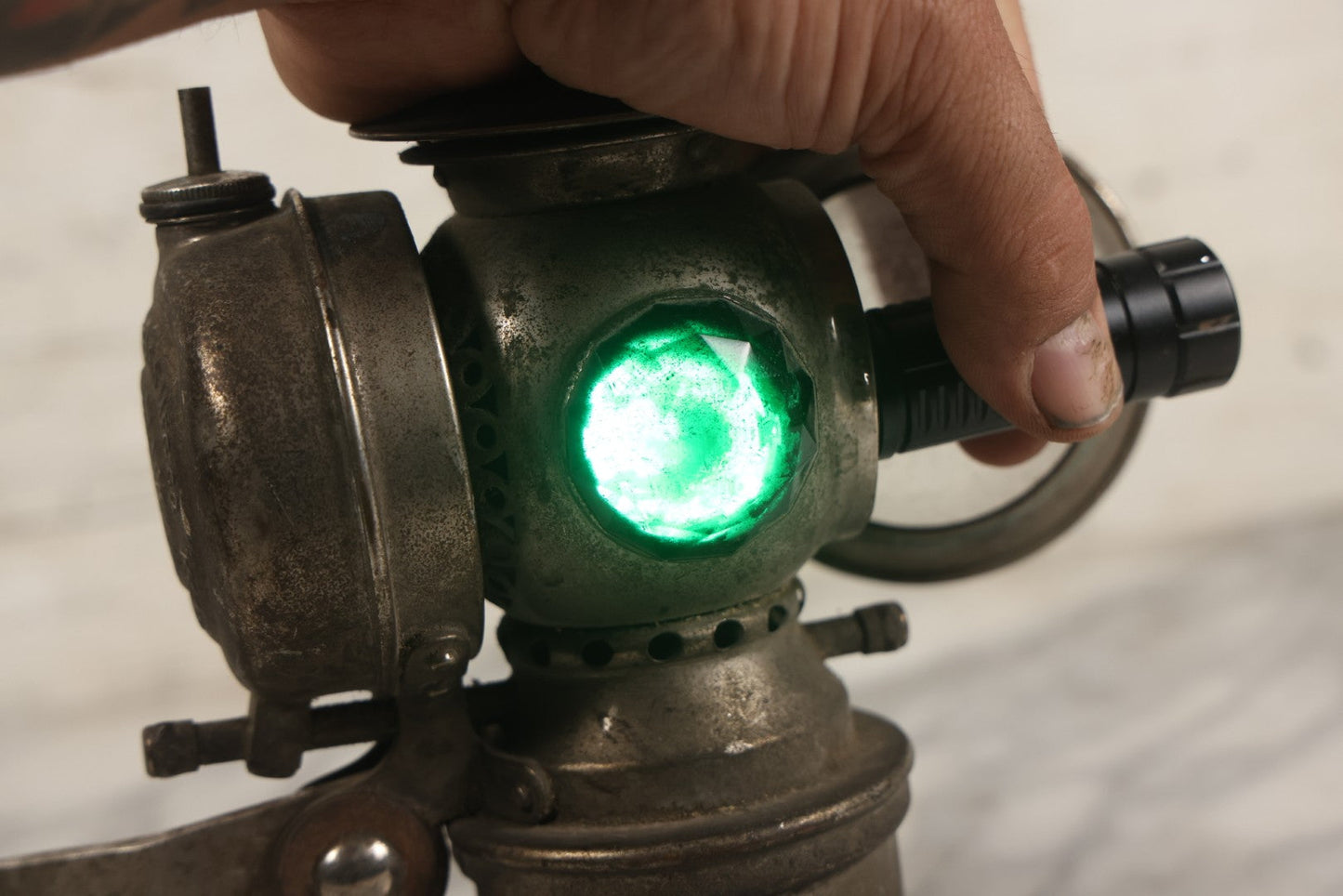 Lot 008 - Antique Solar Brand Bicycle Lamp By The Badger Brass Mfg. Co., Kenosha, Wisconsin, With Original Green And Red Gem Lenses, Circa Early 20th Century, 6-7/8" H