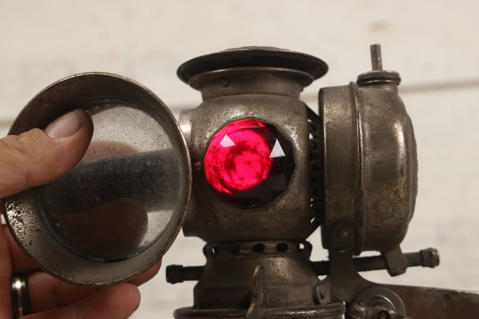 Lot 008 - Antique Solar Brand Bicycle Lamp By The Badger Brass Mfg. Co., Kenosha, Wisconsin, With Original Green And Red Gem Lenses, Circa Early 20th Century, 6-7/8" H
