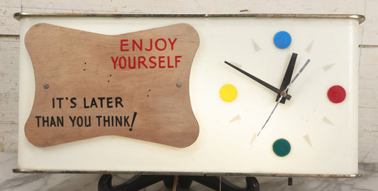 Lot 012 - Vintage 1957 Miller Brewing Co. Light Up Bar Back Advertising Clock With Fluorescent Lamp, "Enjoy Yourself, It's Later Than You Think," Missing Miller Badge