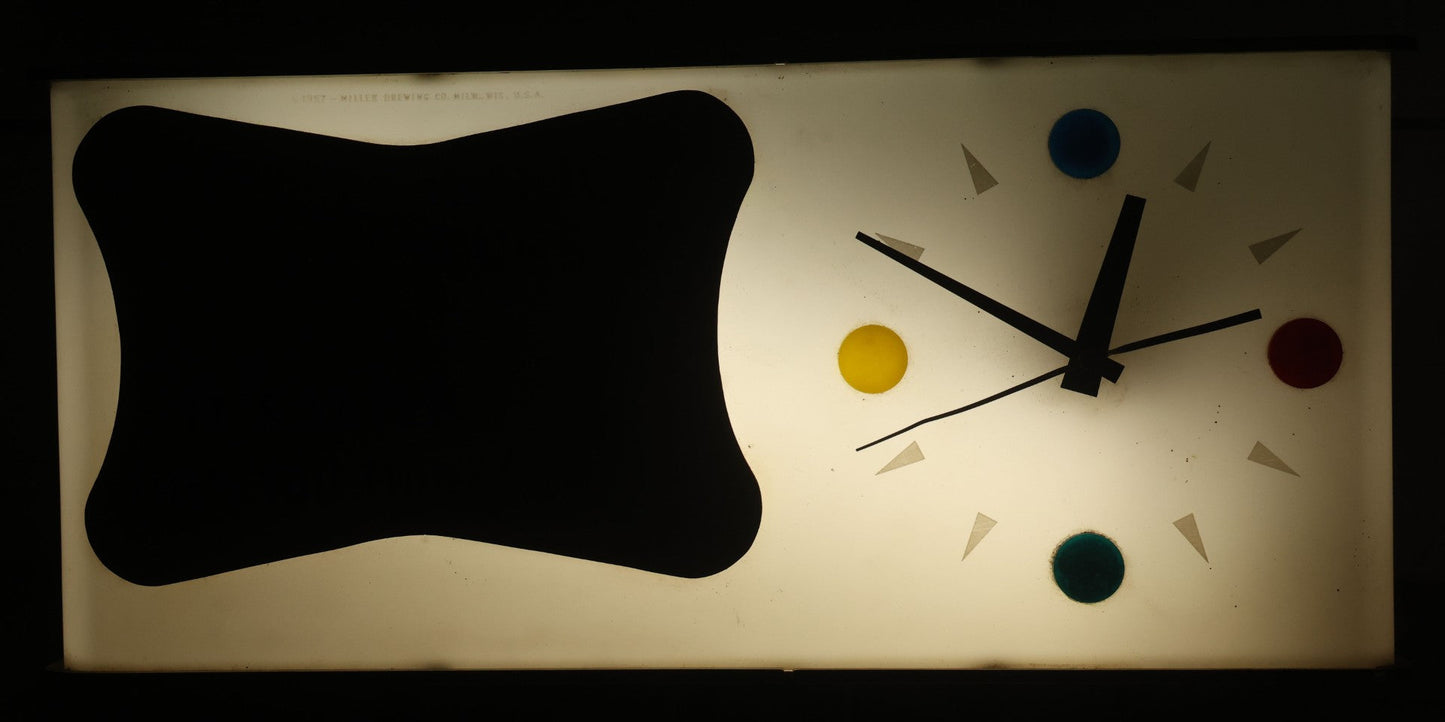 Lot 012 - Vintage 1957 Miller Brewing Co. Light Up Bar Back Advertising Clock With Fluorescent Lamp, "Enjoy Yourself, It's Later Than You Think," Missing Miller Badge