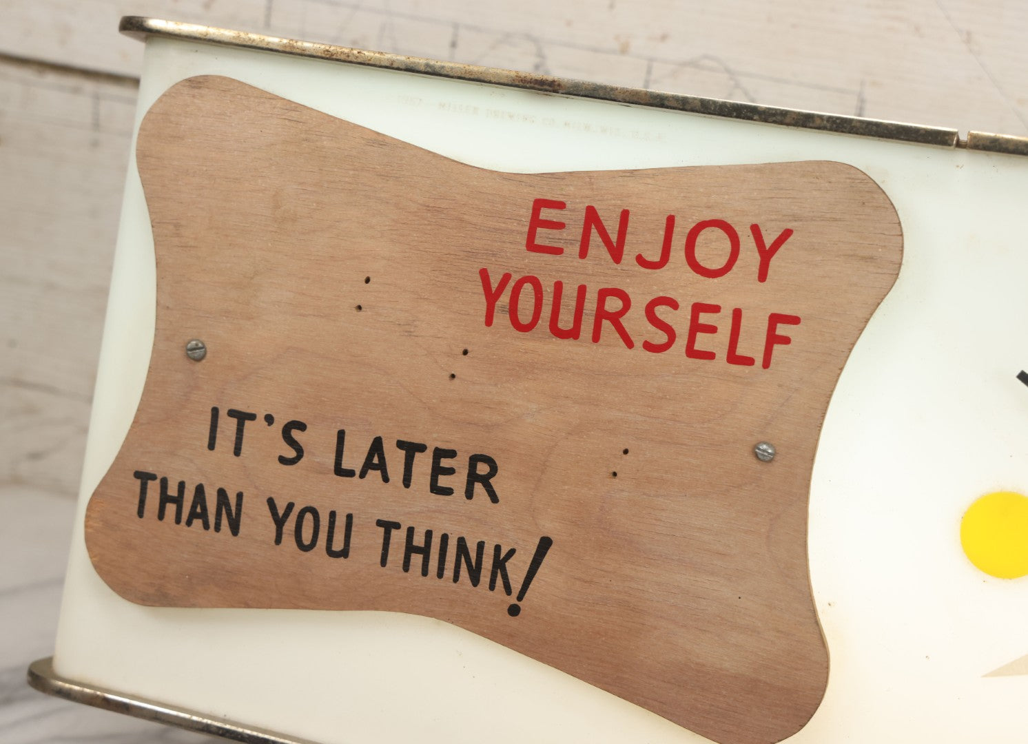 Lot 012 - Vintage 1957 Miller Brewing Co. Light Up Bar Back Advertising Clock With Fluorescent Lamp, "Enjoy Yourself, It's Later Than You Think," Missing Miller Badge