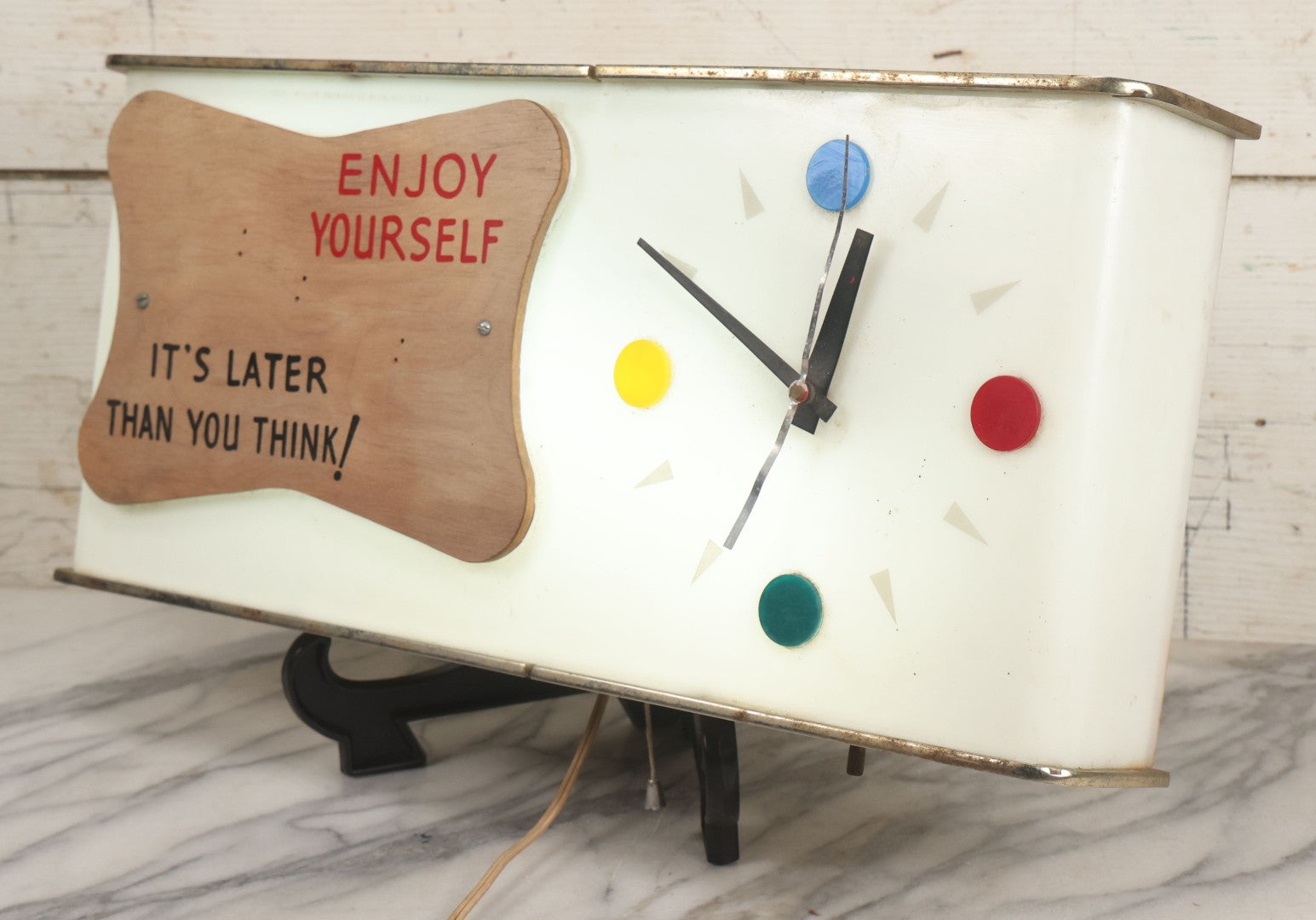 Lot 012 - Vintage 1957 Miller Brewing Co. Light Up Bar Back Advertising Clock With Fluorescent Lamp, "Enjoy Yourself, It's Later Than You Think," Missing Miller Badge