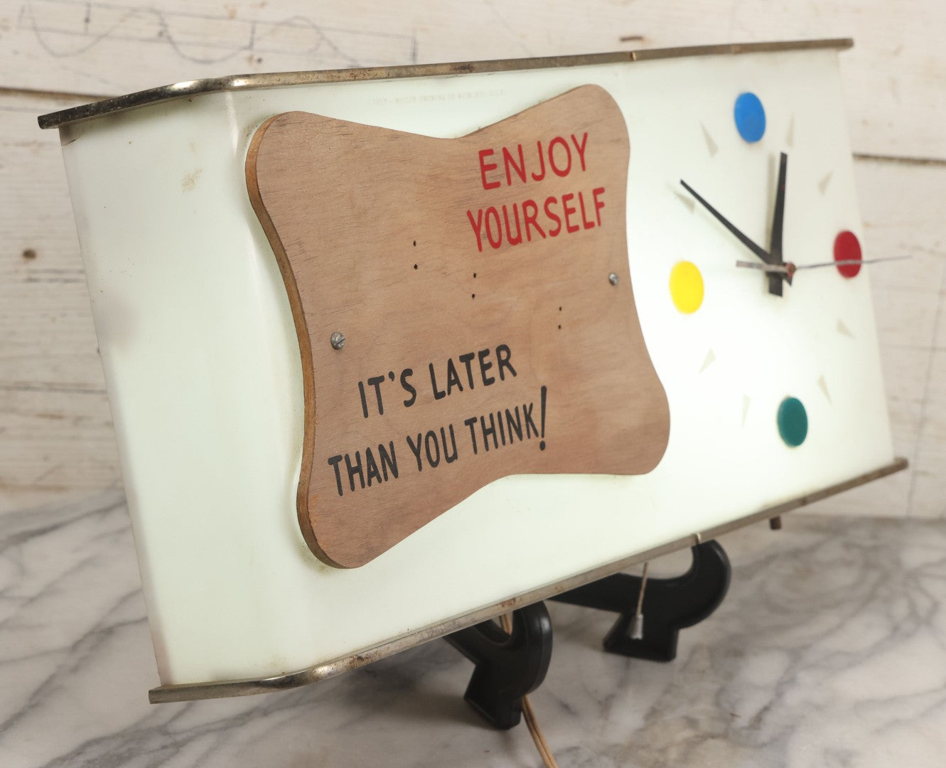 Lot 012 - Vintage 1957 Miller Brewing Co. Light Up Bar Back Advertising Clock With Fluorescent Lamp, "Enjoy Yourself, It's Later Than You Think," Missing Miller Badge