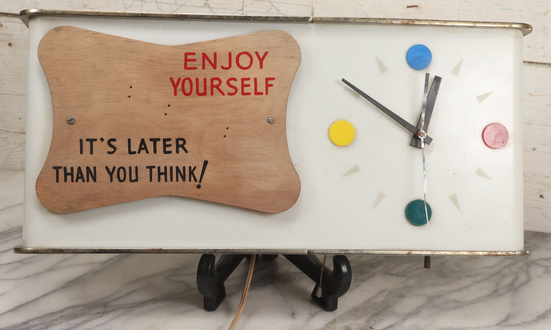 Lot 012 - Vintage 1957 Miller Brewing Co. Light Up Bar Back Advertising Clock With Fluorescent Lamp, "Enjoy Yourself, It's Later Than You Think," Missing Miller Badge
