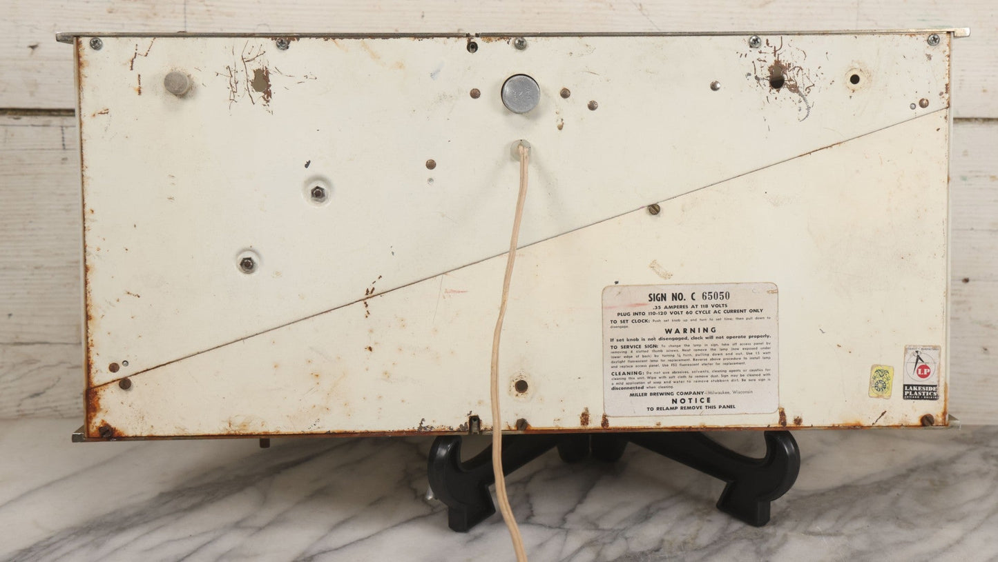 Lot 012 - Vintage 1957 Miller Brewing Co. Light Up Bar Back Advertising Clock With Fluorescent Lamp, "Enjoy Yourself, It's Later Than You Think," Missing Miller Badge