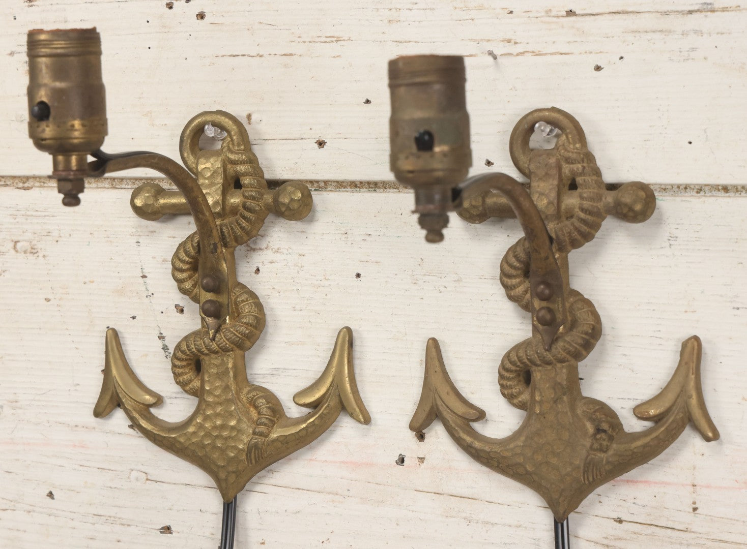 Lot 013 - Vintage Pair Of Cast Brass Nautical Anchor And Rope Wall Mount Lamps, Rewired And Working