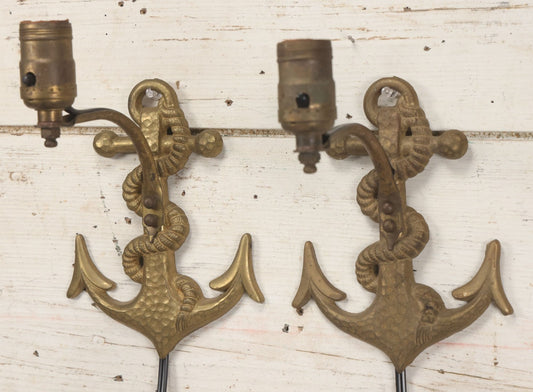 Lot 013 - Vintage Pair Of Cast Brass Nautical Anchor And Rope Wall Mount Lamps, Rewired And Working