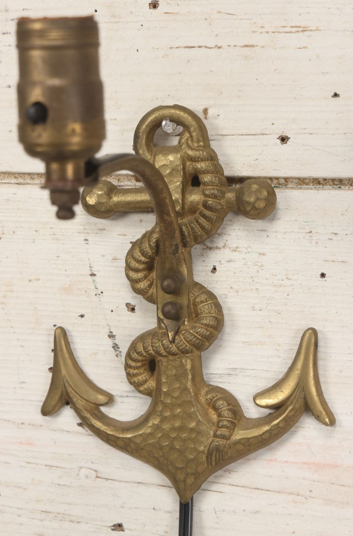 Lot 013 - Vintage Pair Of Cast Brass Nautical Anchor And Rope Wall Mount Lamps, Rewired And Working