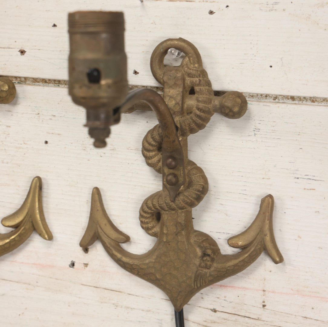 Lot 013 - Vintage Pair Of Cast Brass Nautical Anchor And Rope Wall Mount Lamps, Rewired And Working