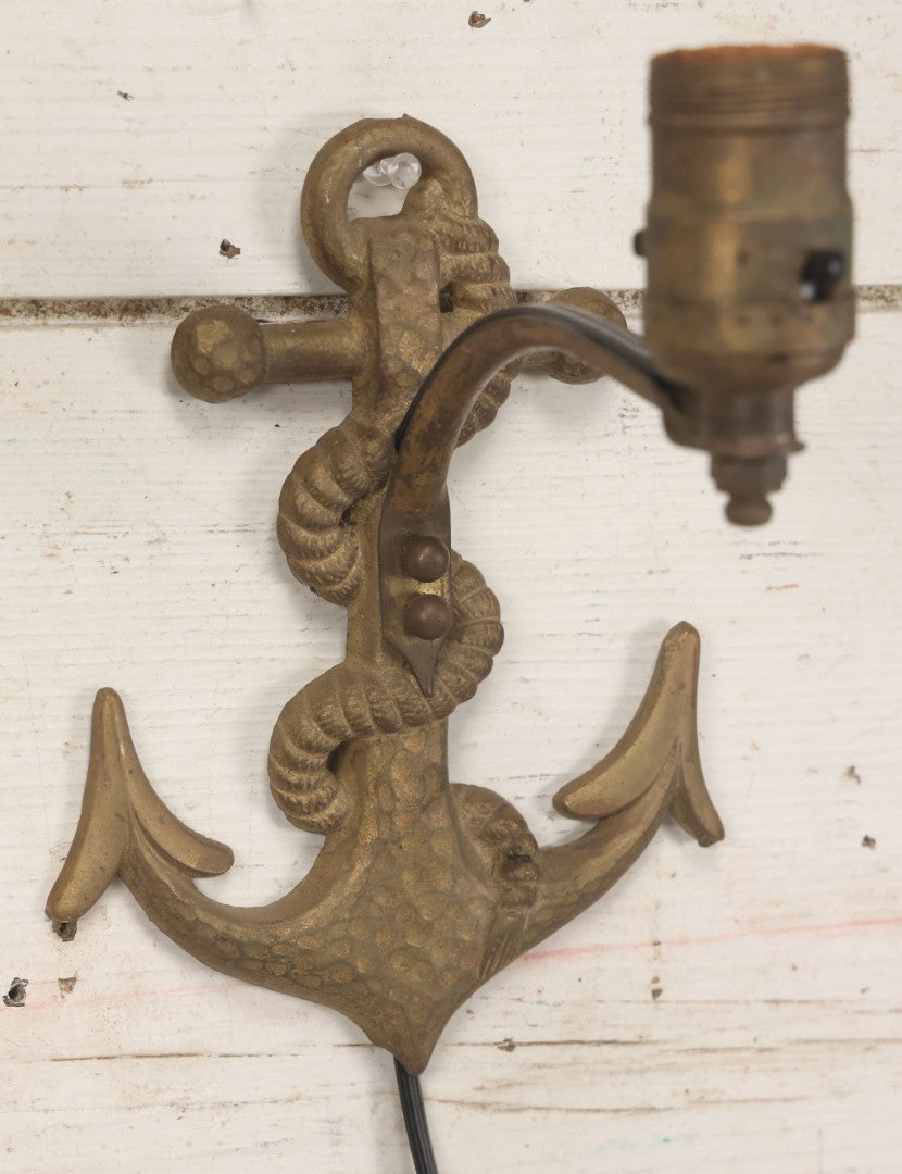 Lot 013 - Vintage Pair Of Cast Brass Nautical Anchor And Rope Wall Mount Lamps, Rewired And Working
