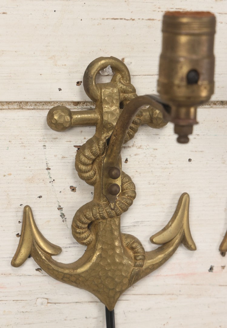 Lot 013 - Vintage Pair Of Cast Brass Nautical Anchor And Rope Wall Mount Lamps, Rewired And Working