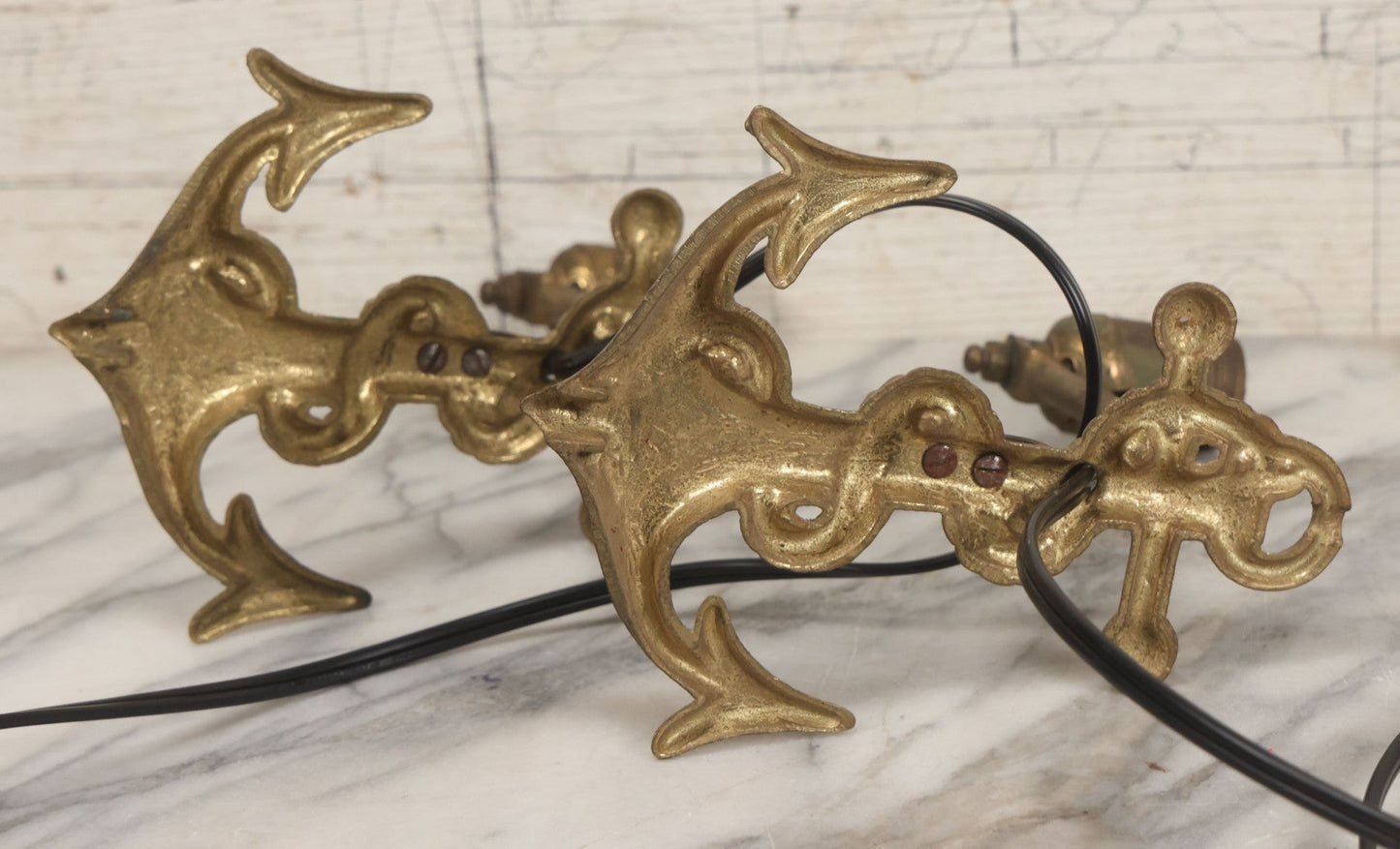 Lot 013 - Vintage Pair Of Cast Brass Nautical Anchor And Rope Wall Mount Lamps, Rewired And Working