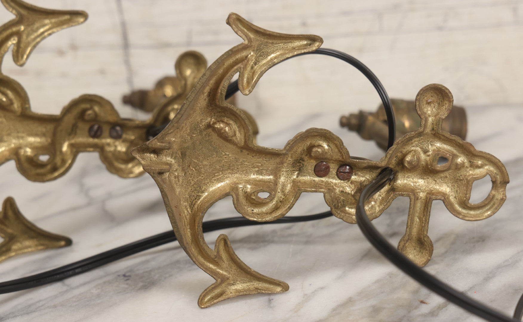 Lot 013 - Vintage Pair Of Cast Brass Nautical Anchor And Rope Wall Mount Lamps, Rewired And Working