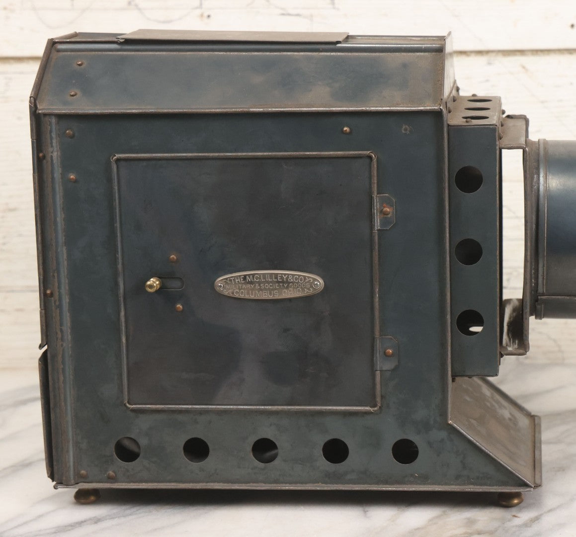 Lot 016 - Antique Magic Lantern Slide Projector With Badge From The M.C. Lilley & Co., Military And Society Goods, Columbus, Ohio, Working Condition, Rewired With Grounded Plug