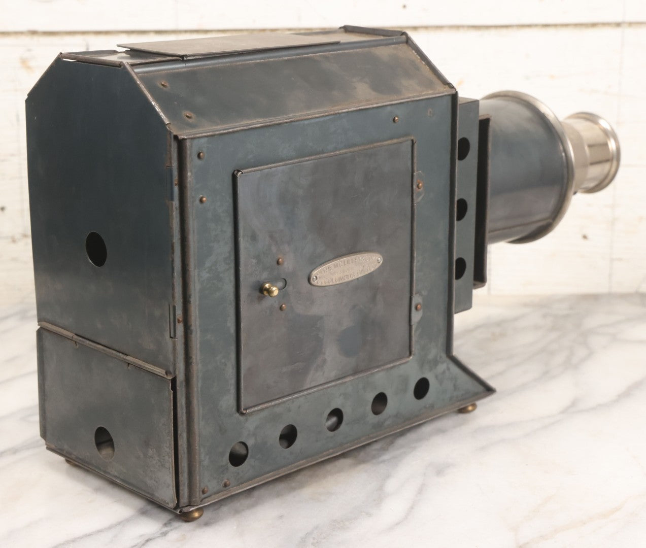 Lot 016 - Antique Magic Lantern Slide Projector With Badge From The M.C. Lilley & Co., Military And Society Goods, Columbus, Ohio, Working Condition, Rewired With Grounded Plug