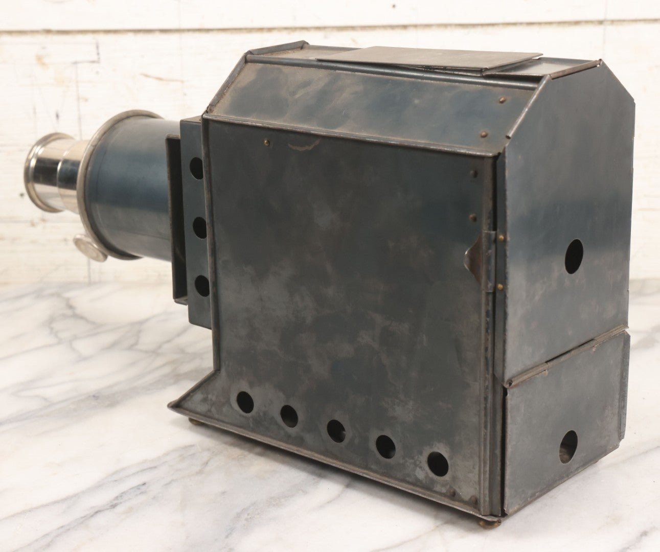 Lot 016 - Antique Magic Lantern Slide Projector With Badge From The M.C. Lilley & Co., Military And Society Goods, Columbus, Ohio, Working Condition, Rewired With Grounded Plug