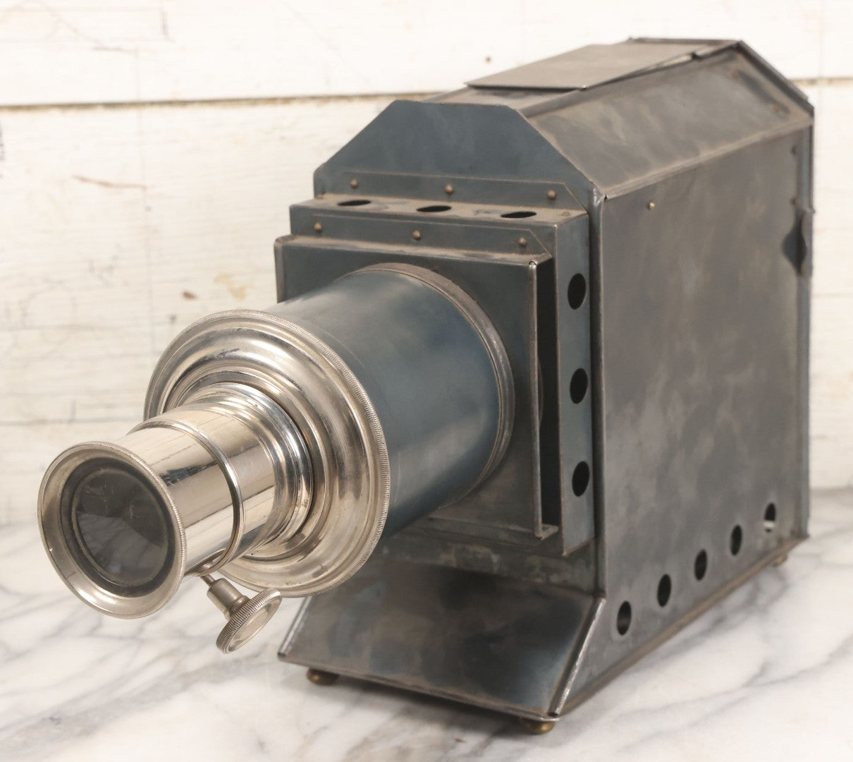 Lot 016 - Antique Magic Lantern Slide Projector With Badge From The M.C. Lilley & Co., Military And Society Goods, Columbus, Ohio, Working Condition, Rewired With Grounded Plug