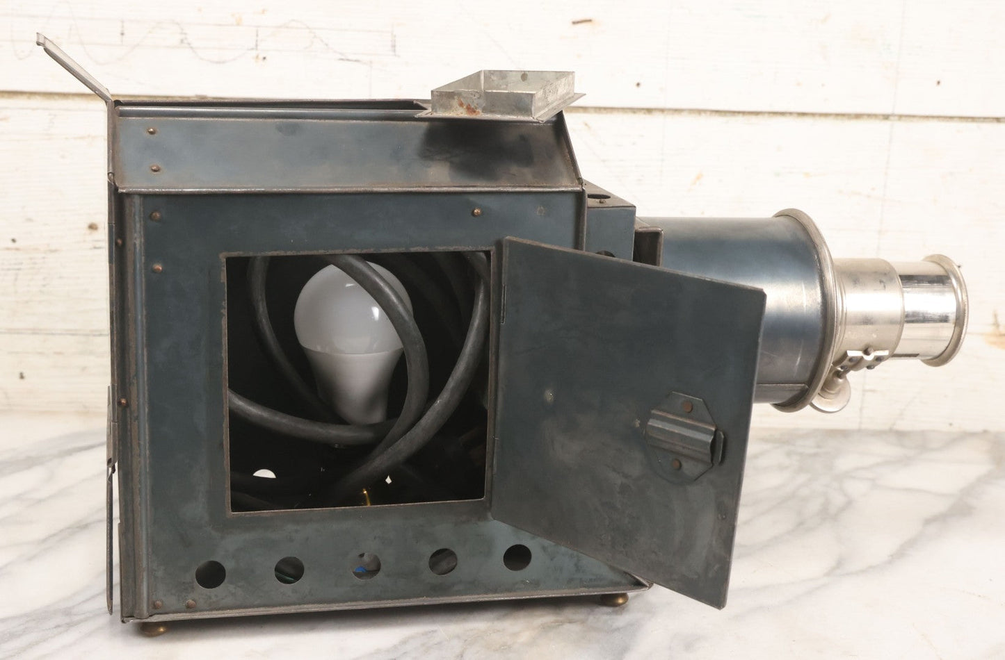 Lot 016 - Antique Magic Lantern Slide Projector With Badge From The M.C. Lilley & Co., Military And Society Goods, Columbus, Ohio, Working Condition, Rewired With Grounded Plug