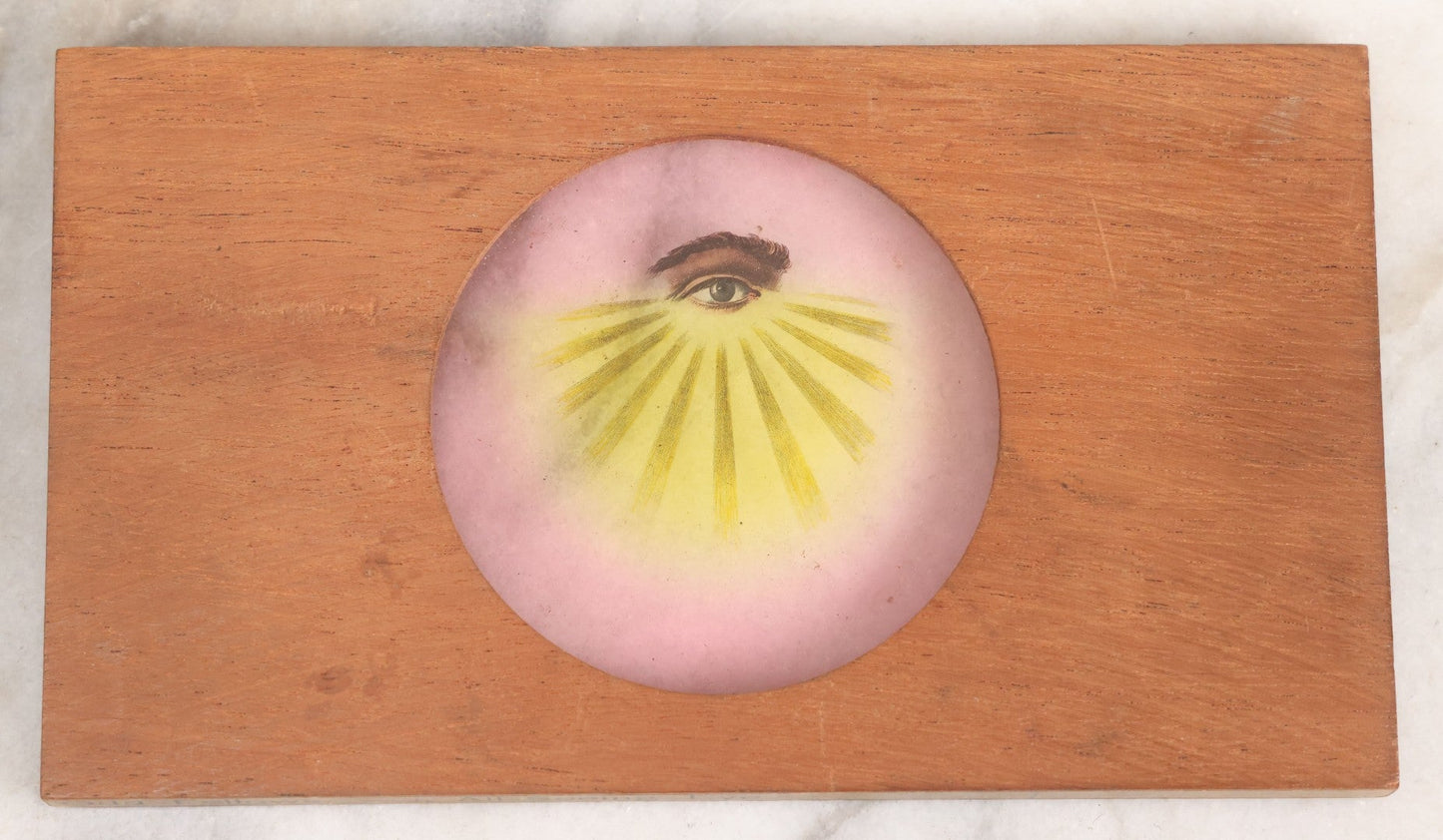 Lot 017 - Antique Hand Colored Odd Fellows I.O.O.F. Magic Lantern Glass Slide With Wood Holder, No. 1 All-Seeing Eye, Manufactured By The Henderson-Ames Co., Kalamazoo, Michigan