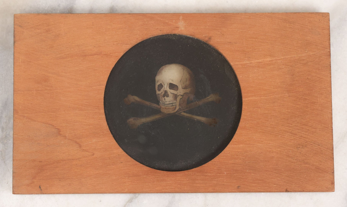 Lot 019 - Antique Hand Colored Odd Fellows I.O.O.F. Magic Lantern Glass Slide With Wood Holder, No. 3 Skull And Cross-Bones, Manufactured By The Henderson-Ames Co., Kalamazoo, Michigan