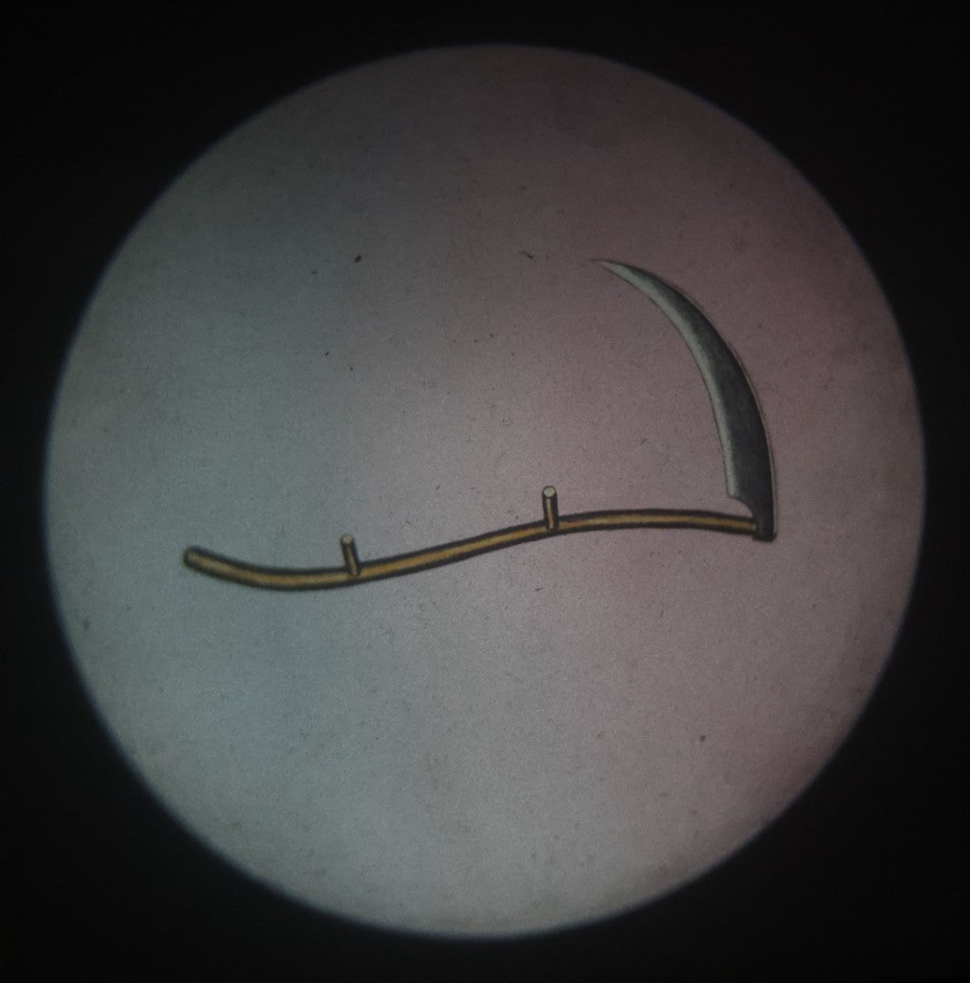 Lot 020 - Antique Hand Colored Odd Fellows I.O.O.F. Magic Lantern Glass Slide With Wood Holder, No. 4 The Scythe, Manufactured By The Henderson-Ames Co., Kalamazoo, Michigan